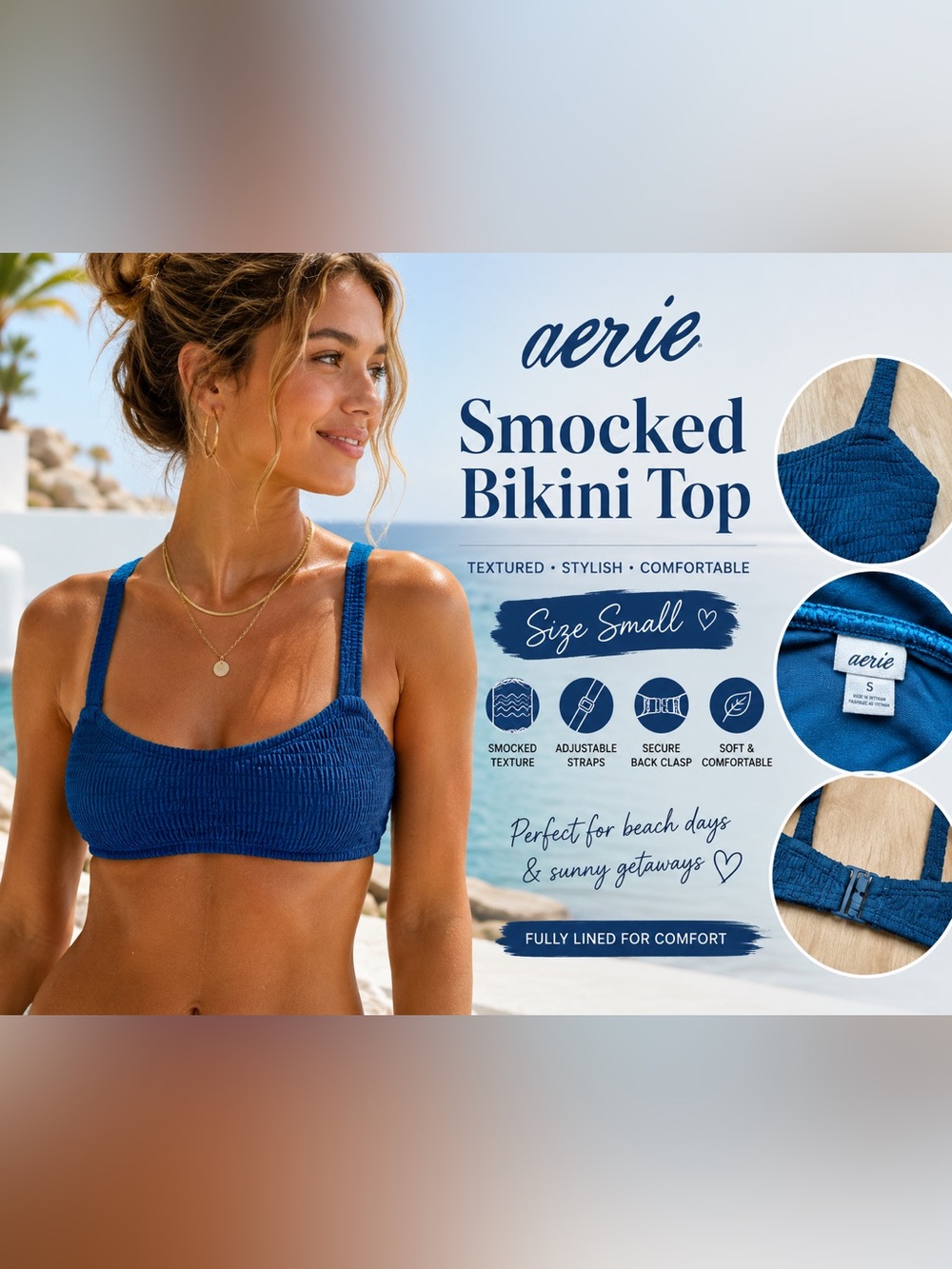 Aerie Smocked Bikini Top Blue Textured Swim Top Women’s Size Small Adjustable